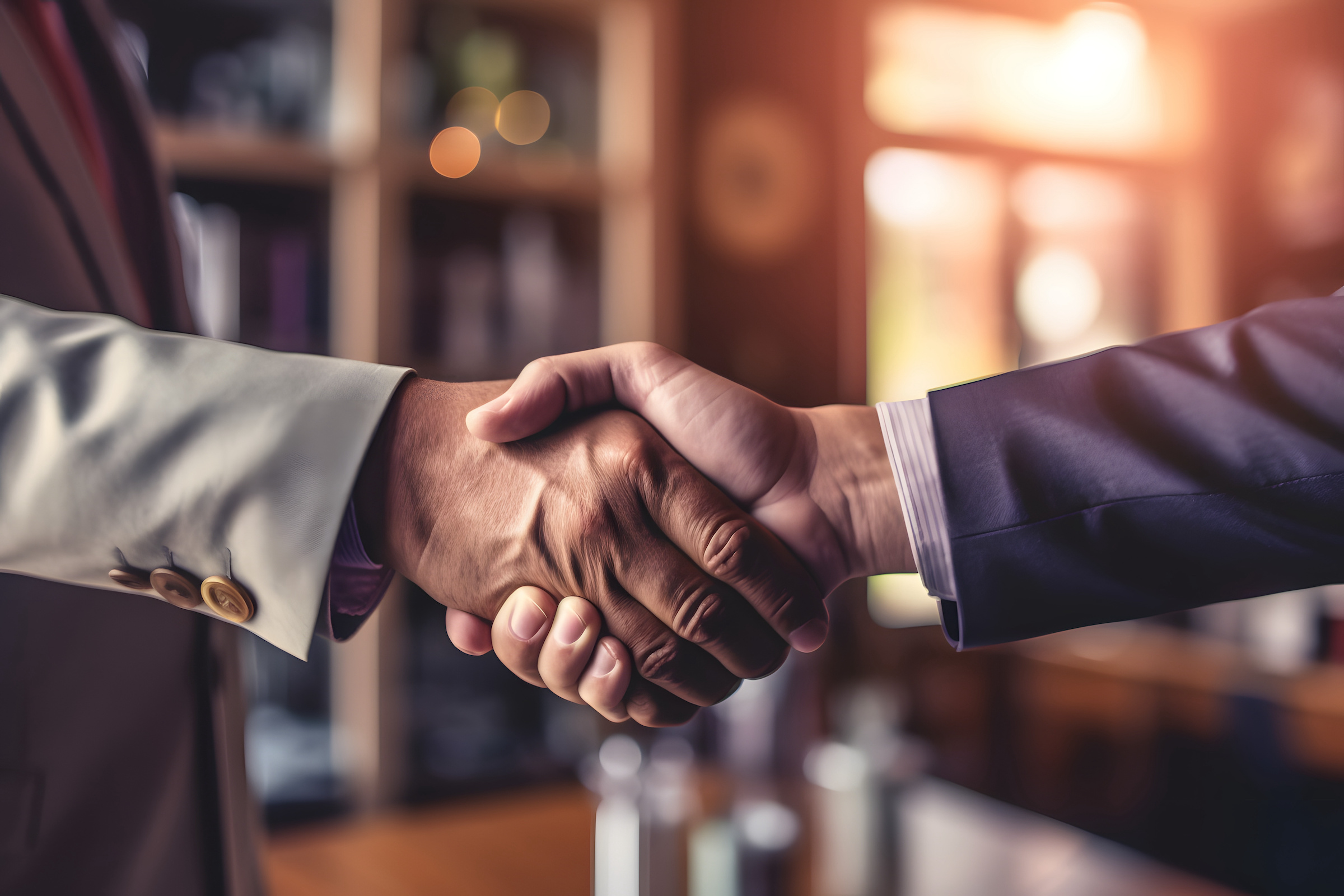 Two individuals shake hands in a business environment